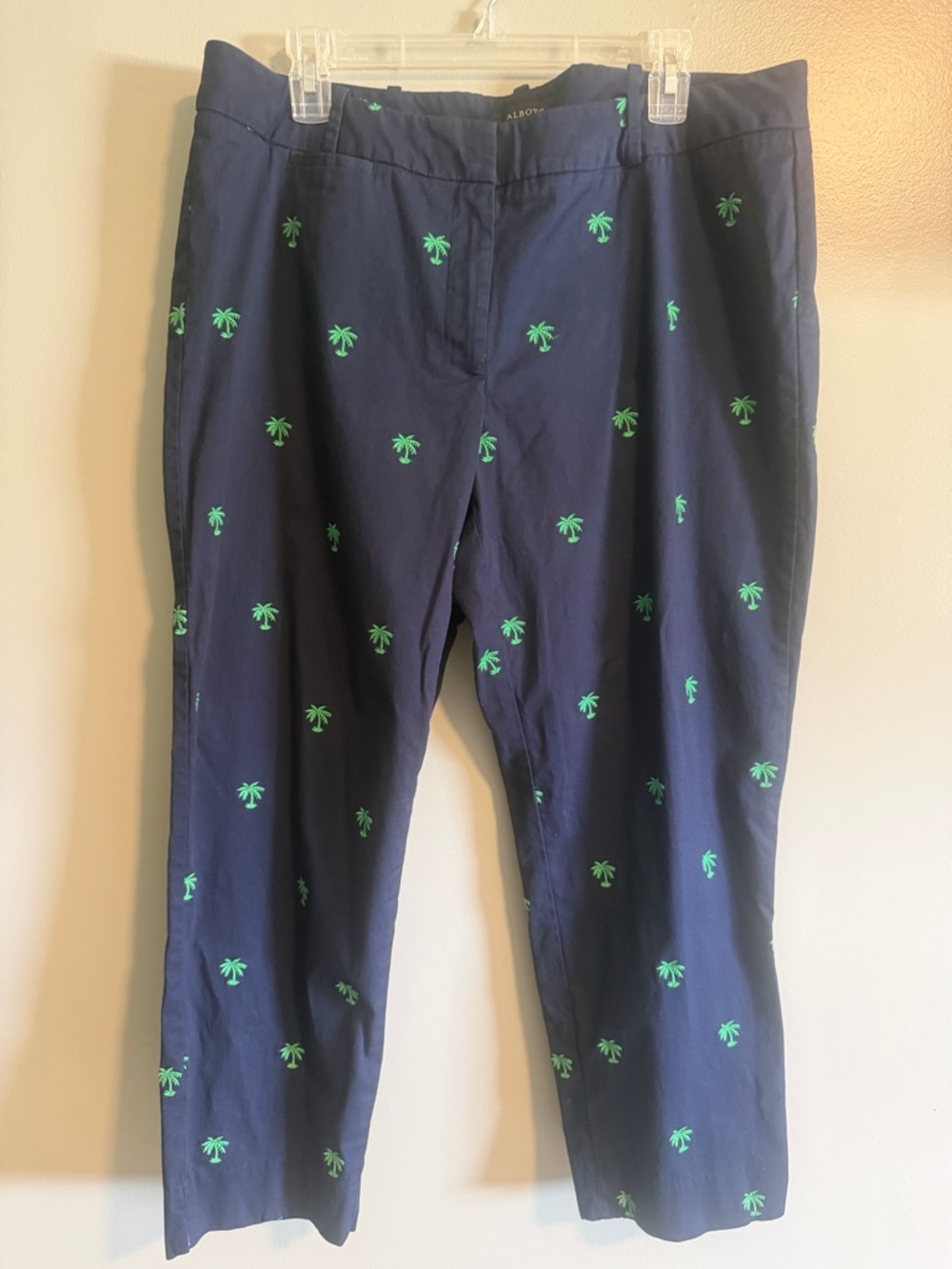 Talbots Woman Navy Cropped Green Palm Embroidered Capri Pants size 14W